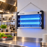 InsectaZap 30W fly killer hanging in a professional kitchen